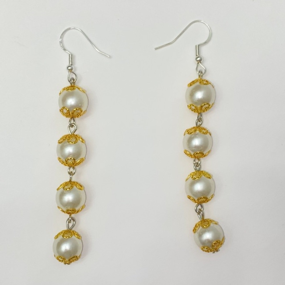 Long Gold & White Faux Pearl Earrings